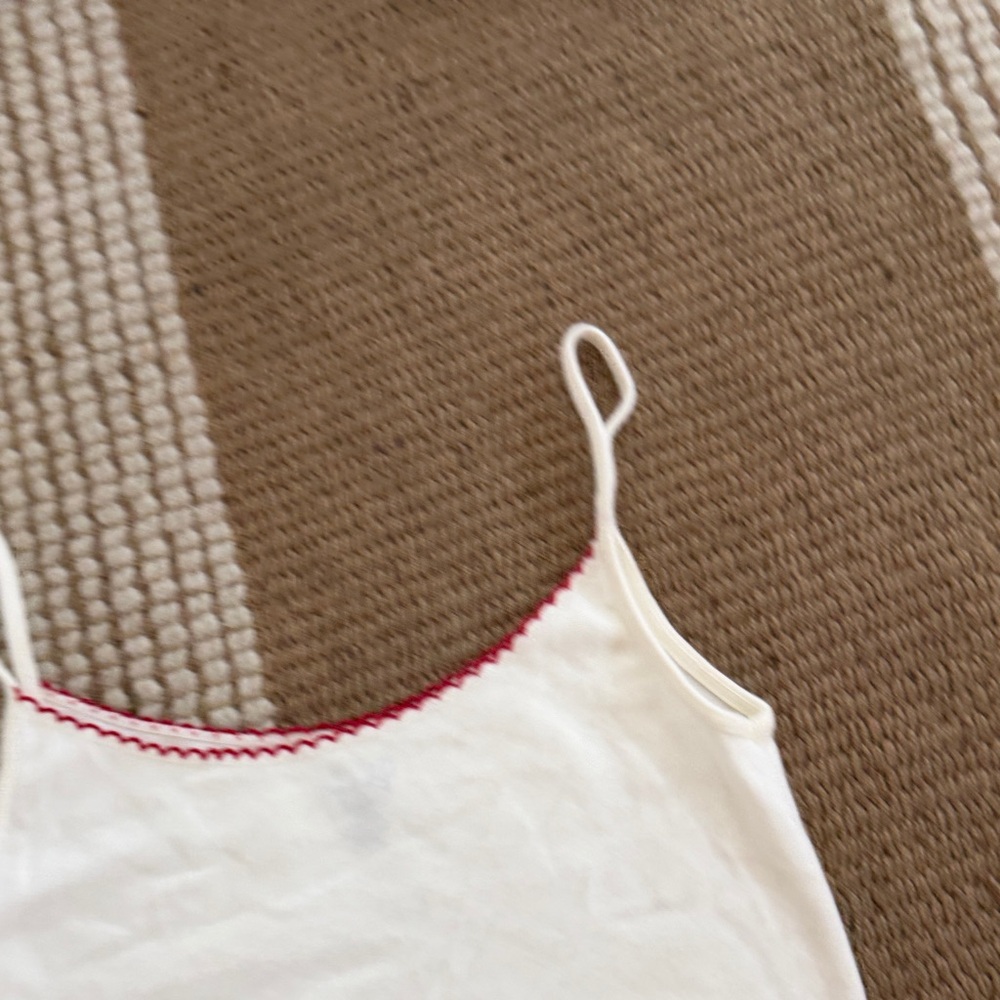 Brandy Melville White Cropped Tank with Red Trim and Embroidered Cherry - Picture 3 of 3